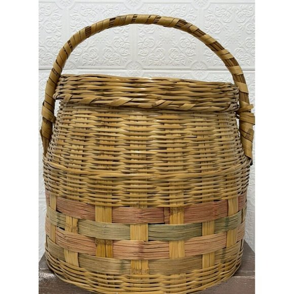 Sewing Knitting Crochet Rattan Craft Basket Storage Vintage Decor Pink Green Hue